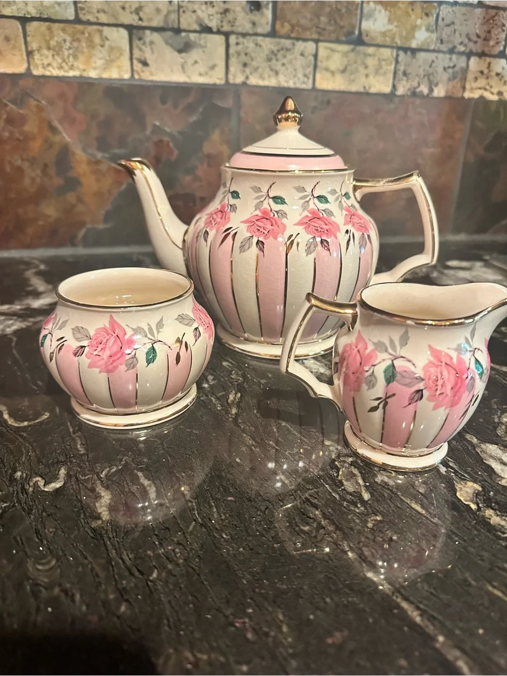 Pink Rose Porcelain Tea Set - Teapot, Creamer & Sugar Bowl